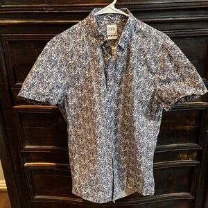 Zara Mens Blue and White Floral Slim Fit Short Sleeve Shirt Size L